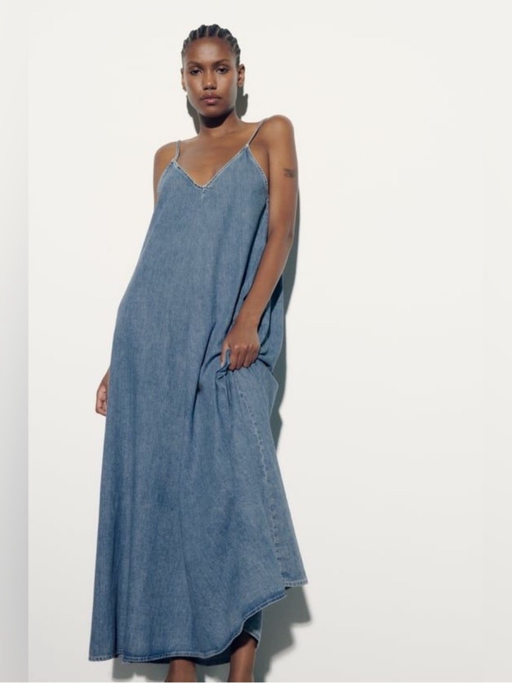 Zara Light Blue Denim Spaghetti-Strap Maxi Dress USA small